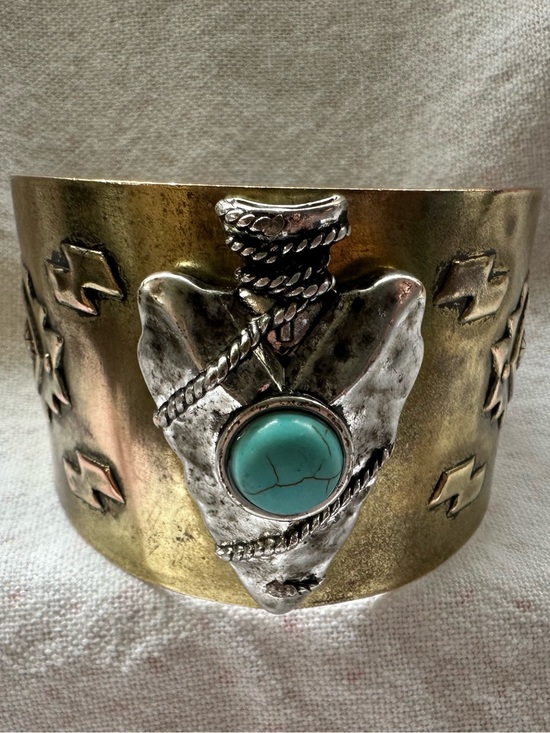 Jewelry - Brass Cuff Bracelet with Turquoise Stone Accent